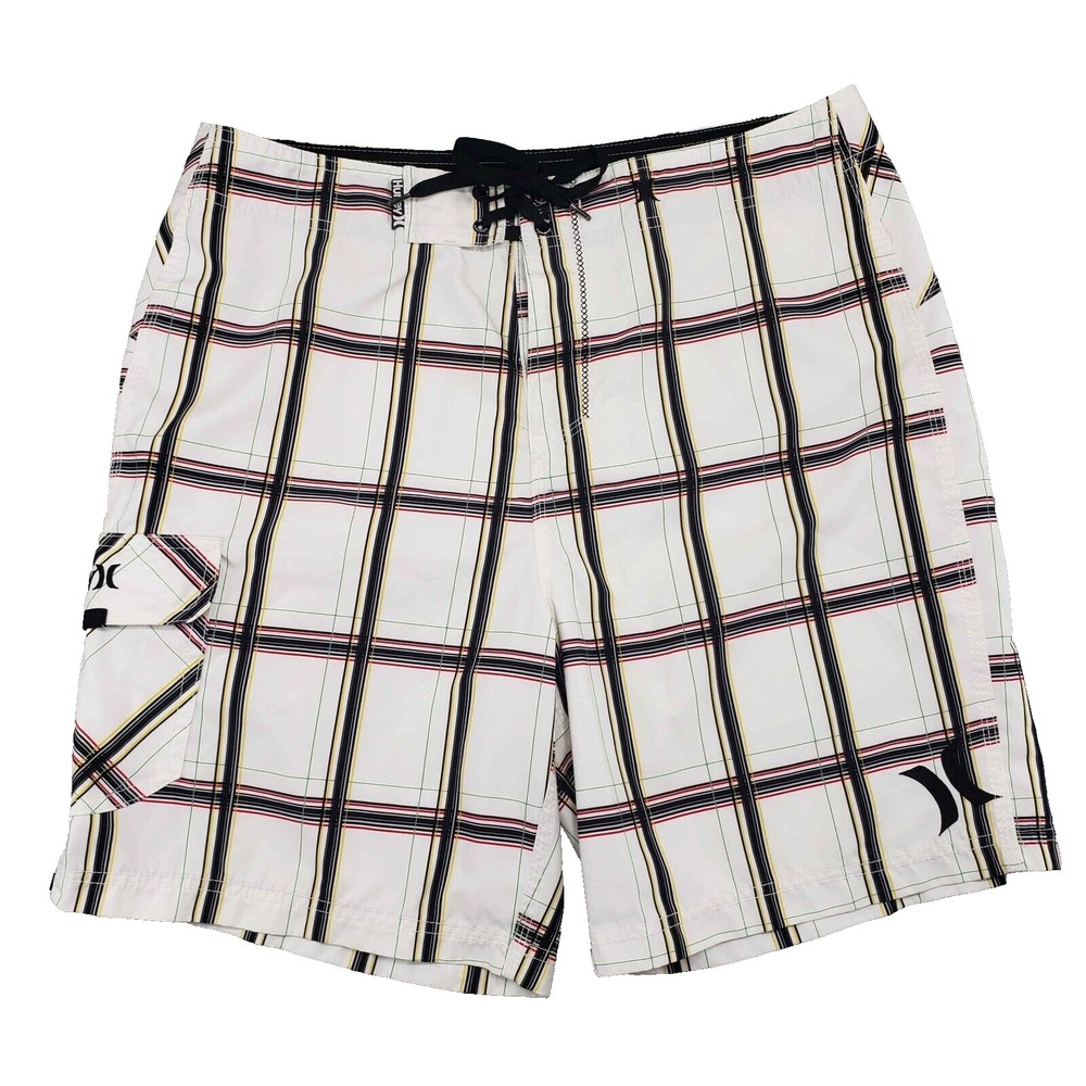 Hurley Board Shorts Mens 34 White Plaid 2009 Y2K Surf‎ Swim Cargo Trunks